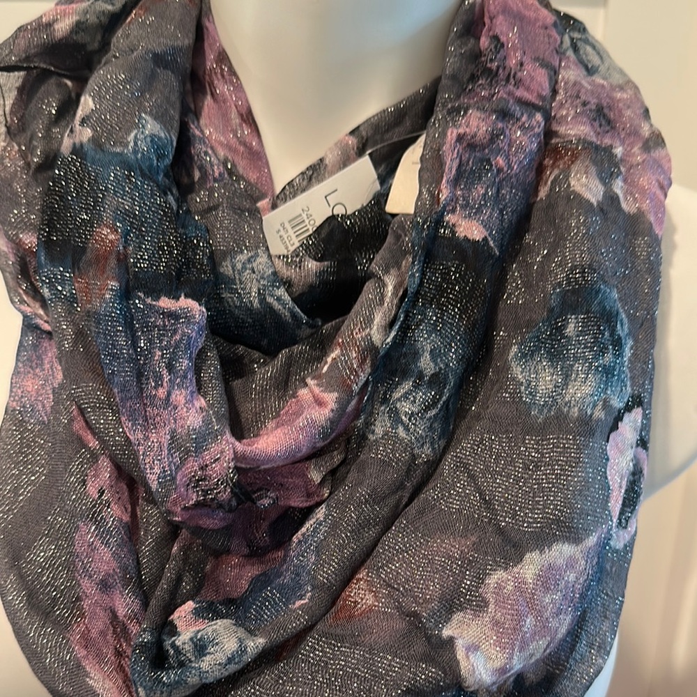 NWT LOFT Charcoal Floral Scarf with Pink/Purple & Teal Accents Size ~23*~66